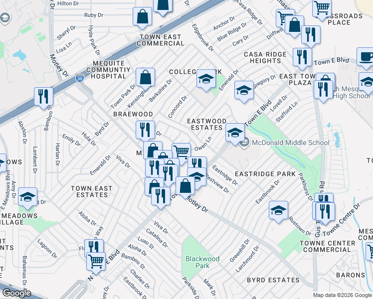 map of restaurants, bars, coffee shops, grocery stores, and more near 3135 Owen Lane in Mesquite