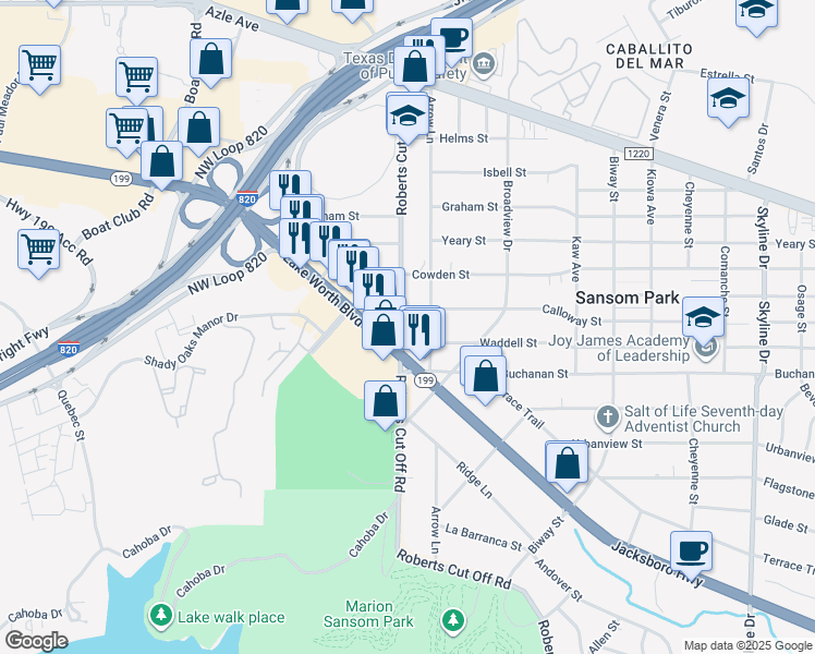 map of restaurants, bars, coffee shops, grocery stores, and more near 3022 Roberts Cut Off Road in Fort Worth