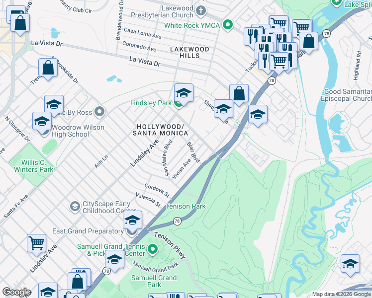 map of restaurants, bars, coffee shops, grocery stores, and more near 6930 Hammond Avenue in Dallas