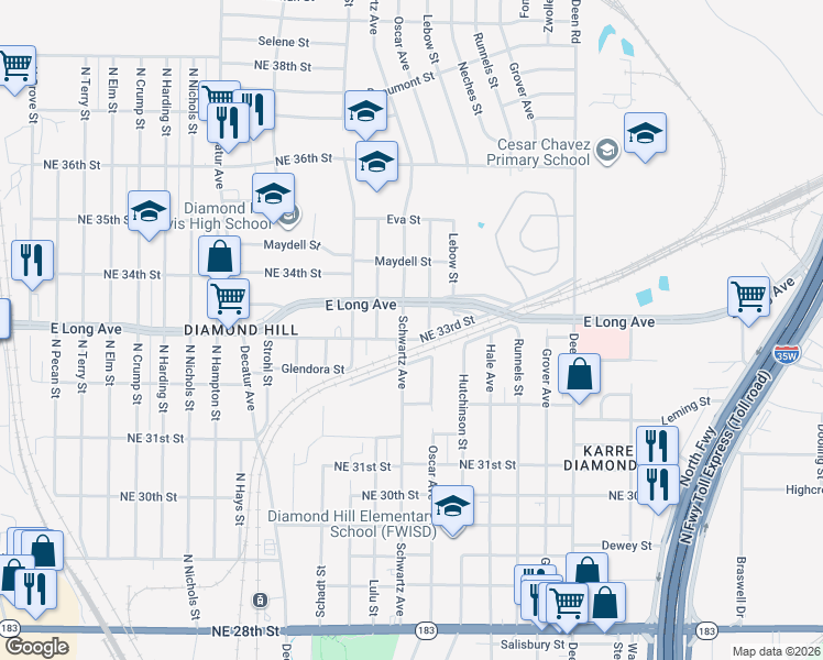 map of restaurants, bars, coffee shops, grocery stores, and more near 3402 Schwartz Ave in Fort Worth