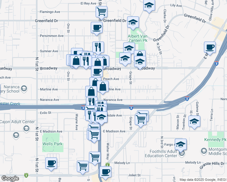 map of restaurants, bars, coffee shops, grocery stores, and more near 1327 Marline Avenue in El Cajon