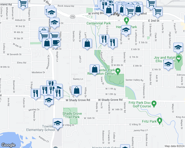 map of restaurants, bars, coffee shops, grocery stores, and more near 916 Hilltop Drive in Irving