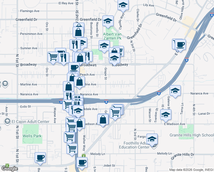 map of restaurants, bars, coffee shops, grocery stores, and more near 1405 Marline Avenue in El Cajon