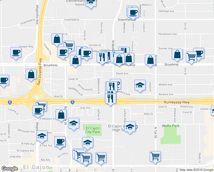 map of restaurants, bars, coffee shops, grocery stores, and more near 748 North Mollison Avenue in El Cajon