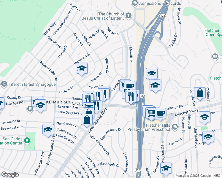 map of restaurants, bars, coffee shops, grocery stores, and more near 8725 Tommy Drive in San Diego
