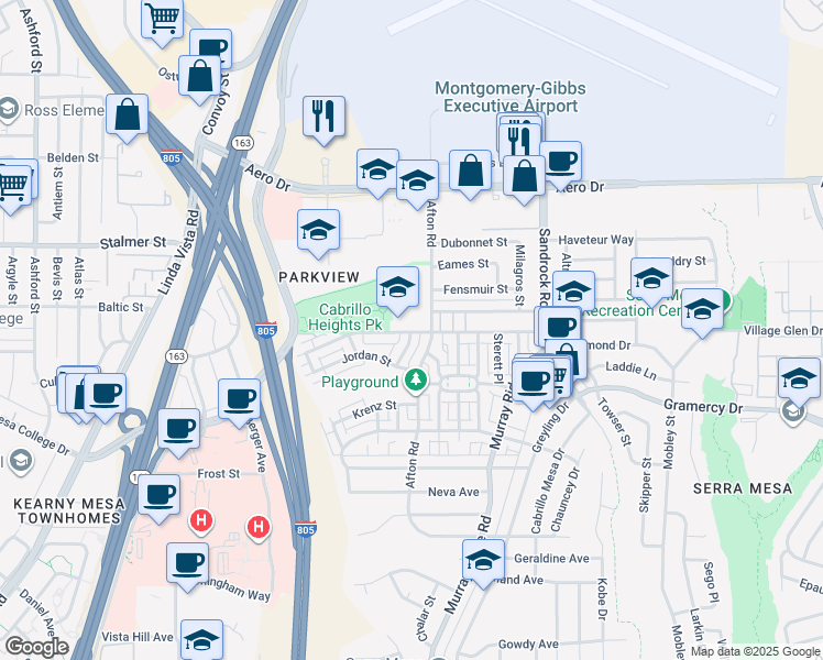 map of restaurants, bars, coffee shops, grocery stores, and more near 8415 Hurlbut Street in San Diego
