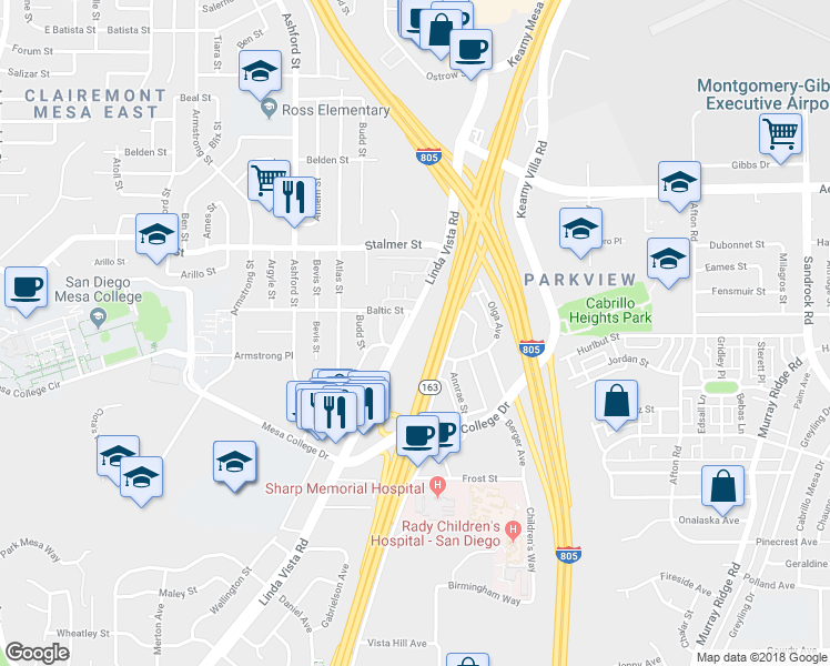 map of restaurants, bars, coffee shops, grocery stores, and more near 7814 Linda Vista (Frontage) Road in San Diego