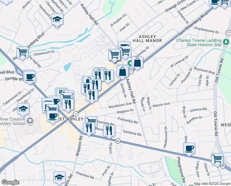 map of restaurants, bars, coffee shops, grocery stores, and more near 1359 Memory Lane in Charleston