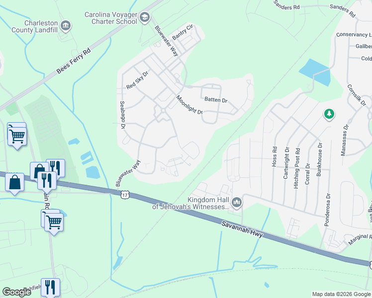 map of restaurants, bars, coffee shops, grocery stores, and more near 1520 Roustabout Way in Charleston
