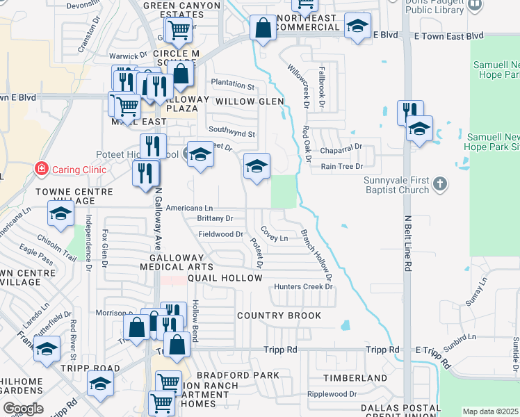 map of restaurants, bars, coffee shops, grocery stores, and more near 539 Covey Lane in Mesquite