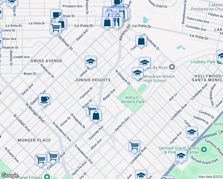 map of restaurants, bars, coffee shops, grocery stores, and more near 5825 Reiger Avenue in Dallas