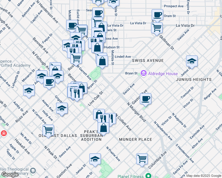 map of restaurants, bars, coffee shops, grocery stores, and more near in Dallas