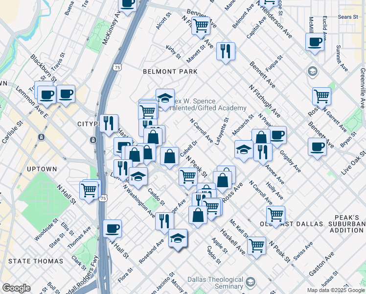 map of restaurants, bars, coffee shops, grocery stores, and more near 2202 North Peak Street in Dallas