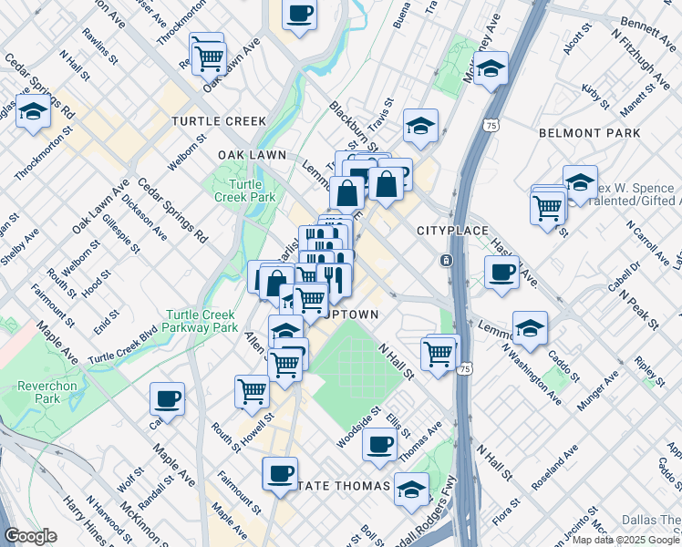 map of restaurants, bars, coffee shops, grocery stores, and more near 3309 McKinney Avenue in Dallas