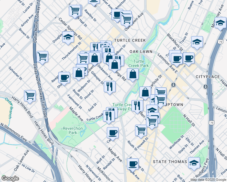 map of restaurants, bars, coffee shops, grocery stores, and more near 3424 Gillespie Street in Dallas