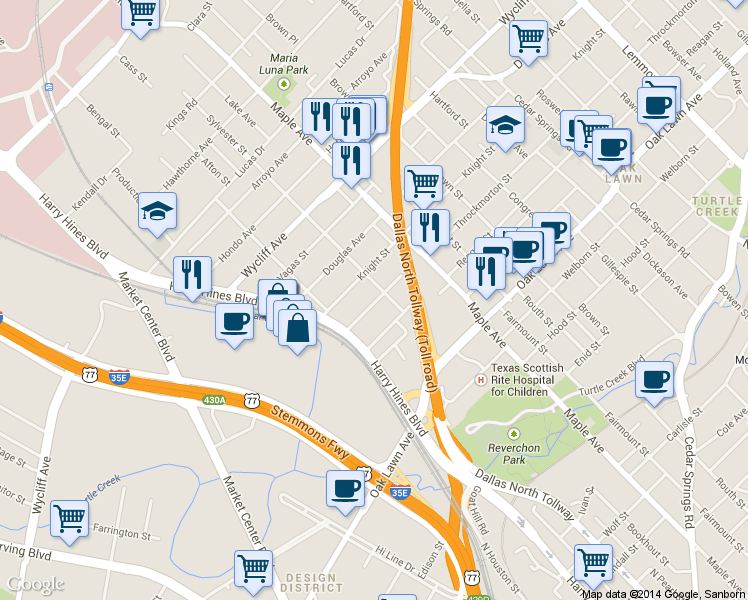 map of restaurants, bars, coffee shops, grocery stores, and more near 4107 Entrada Way in Dallas