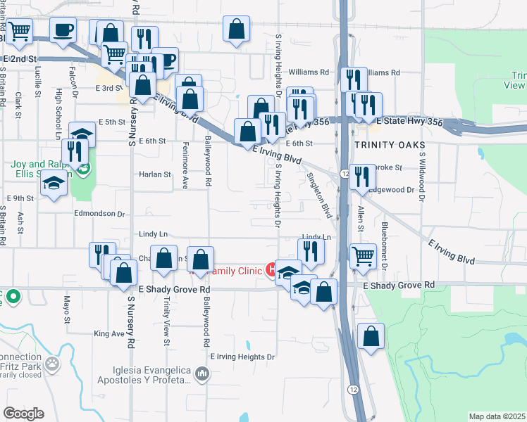 map of restaurants, bars, coffee shops, grocery stores, and more near 907 South Irving Heights Drive in Irving