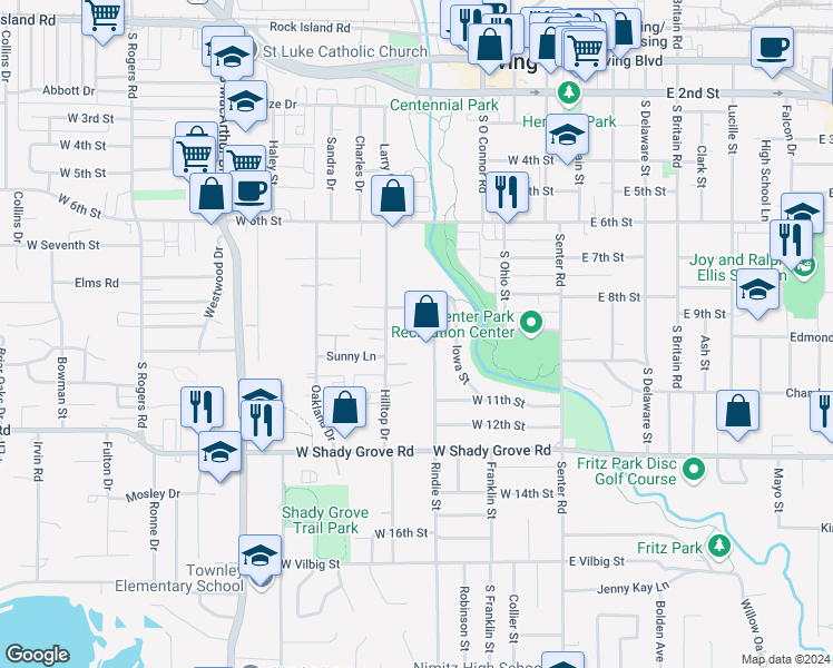 map of restaurants, bars, coffee shops, grocery stores, and more near 916 Hilltop Drive in Irving