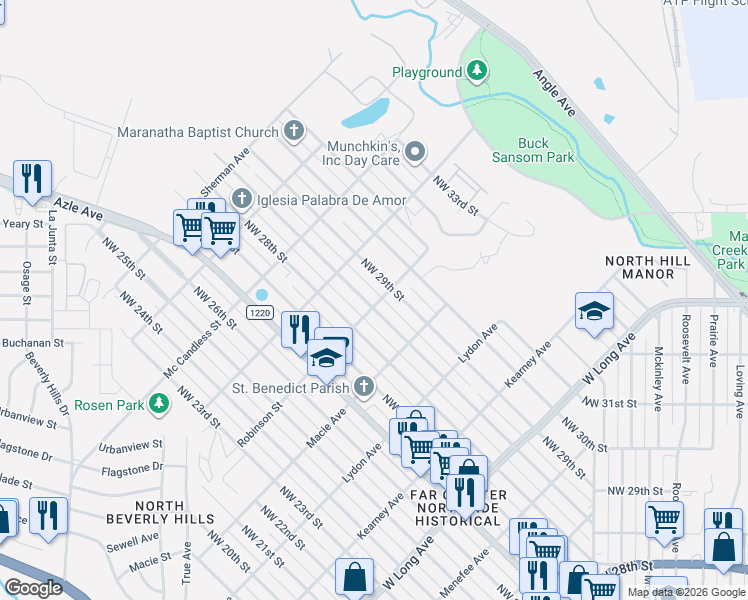 map of restaurants, bars, coffee shops, grocery stores, and more near 3104 West Loraine Street in Fort Worth