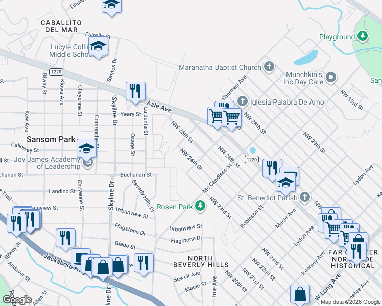map of restaurants, bars, coffee shops, grocery stores, and more near 3409 Northwest 24th Street in Fort Worth