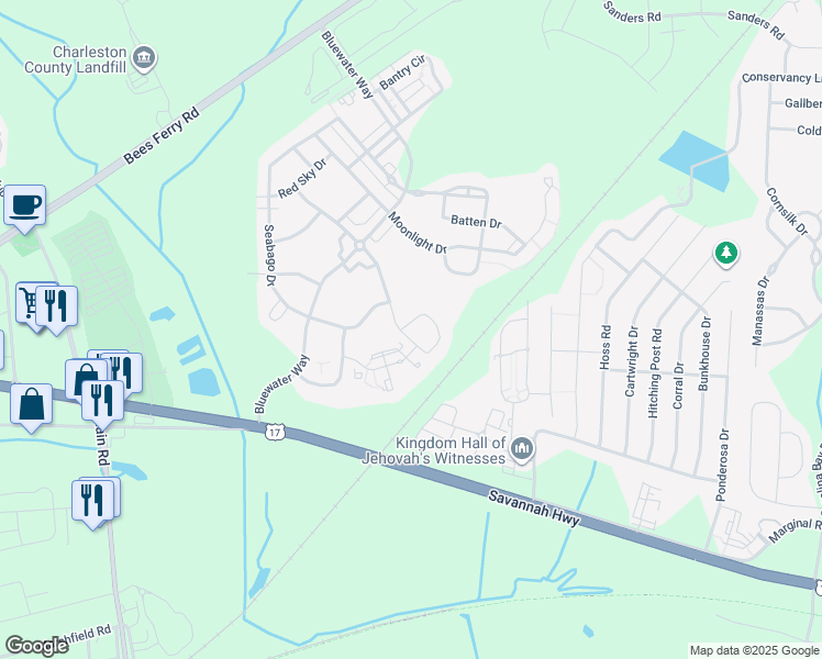 map of restaurants, bars, coffee shops, grocery stores, and more near 1520 Roustabout Way in Charleston