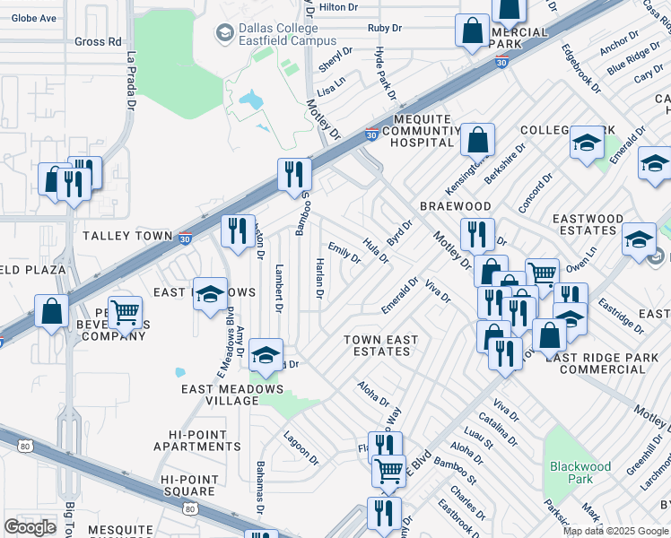 map of restaurants, bars, coffee shops, grocery stores, and more near 3017 Margo Drive in Mesquite