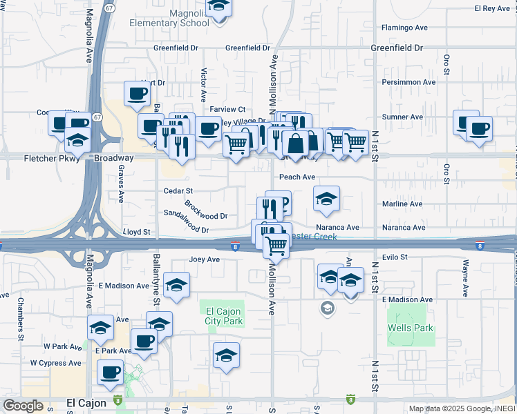 map of restaurants, bars, coffee shops, grocery stores, and more near 748 North Mollison Avenue in El Cajon