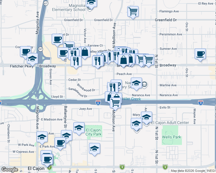 map of restaurants, bars, coffee shops, grocery stores, and more near 748 North Mollison Avenue in El Cajon