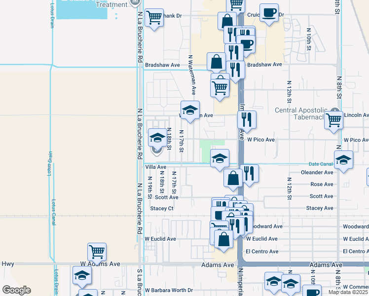 map of restaurants, bars, coffee shops, grocery stores, and more near 1357 North 17th Street in El Centro