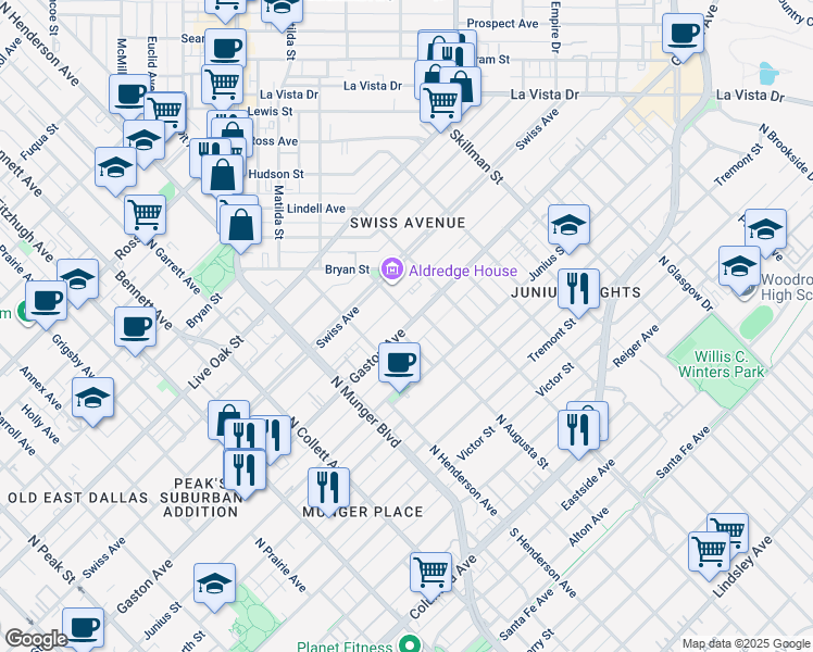 map of restaurants, bars, coffee shops, grocery stores, and more near 5475 Gaston Avenue in Dallas
