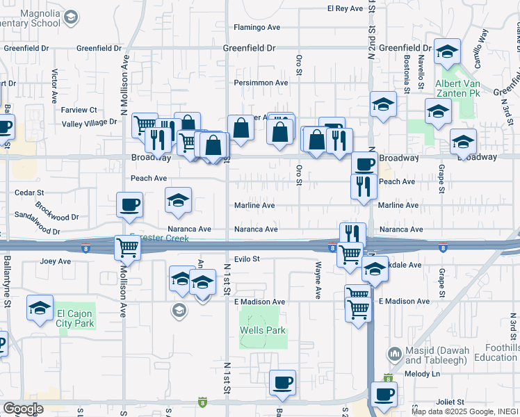 map of restaurants, bars, coffee shops, grocery stores, and more near 1137 Marline Avenue in El Cajon
