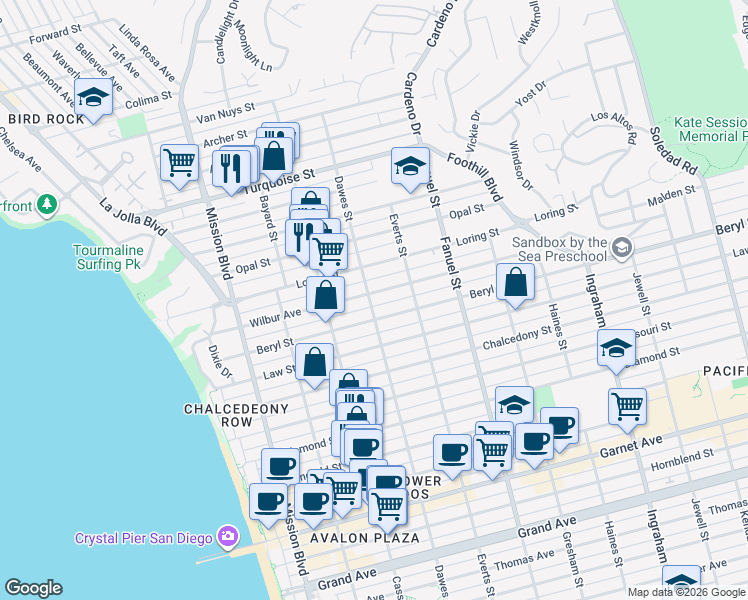 map of restaurants, bars, coffee shops, grocery stores, and more near 1103 Wilbur Avenue in San Diego