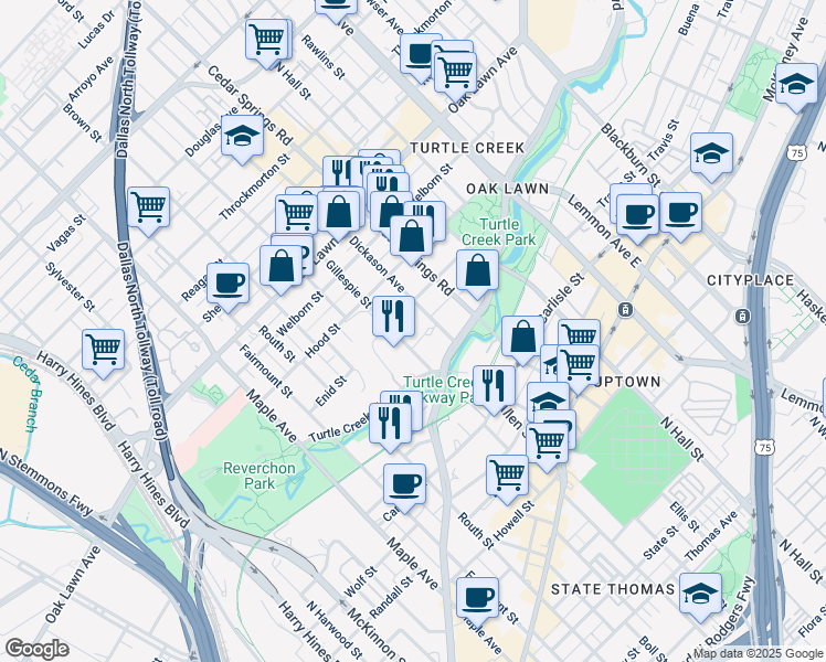 map of restaurants, bars, coffee shops, grocery stores, and more near 3424 Gillespie Street in Dallas