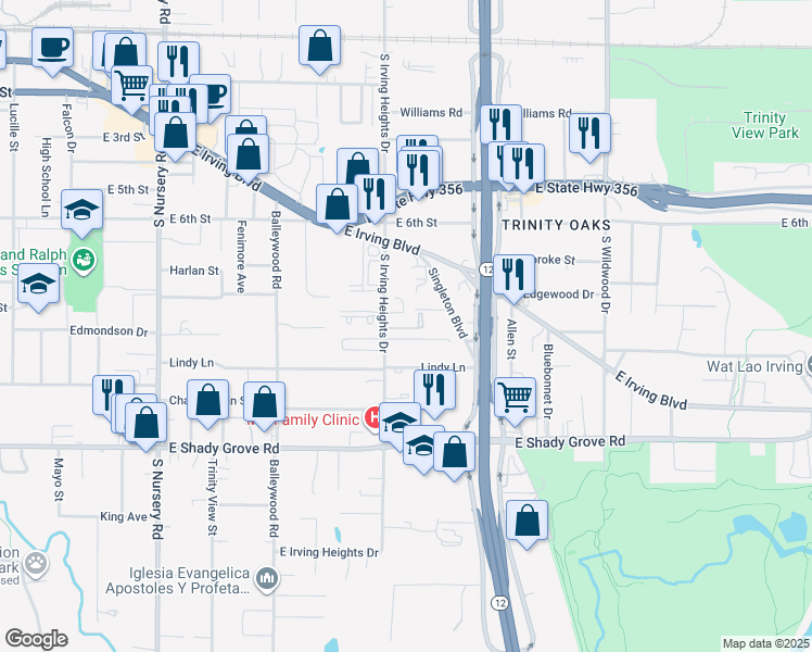 map of restaurants, bars, coffee shops, grocery stores, and more near 904 East Irving Heights Drive in Irving