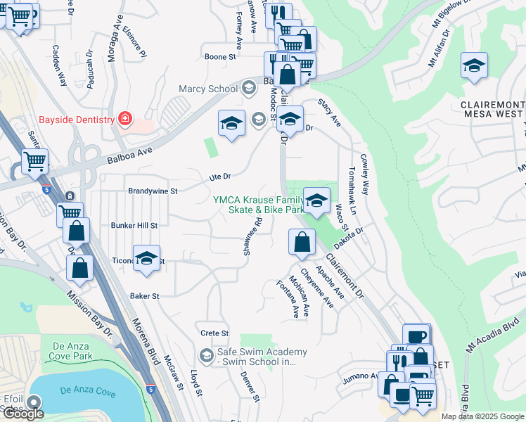 map of restaurants, bars, coffee shops, grocery stores, and more near 3559 Shawnee Road in San Diego