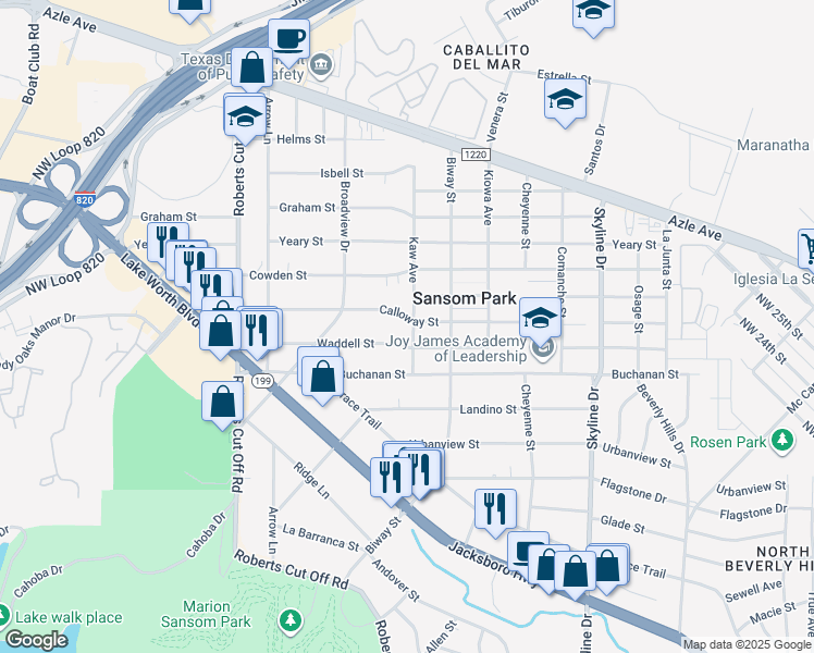 map of restaurants, bars, coffee shops, grocery stores, and more near 5701 Calloway Street in Fort Worth