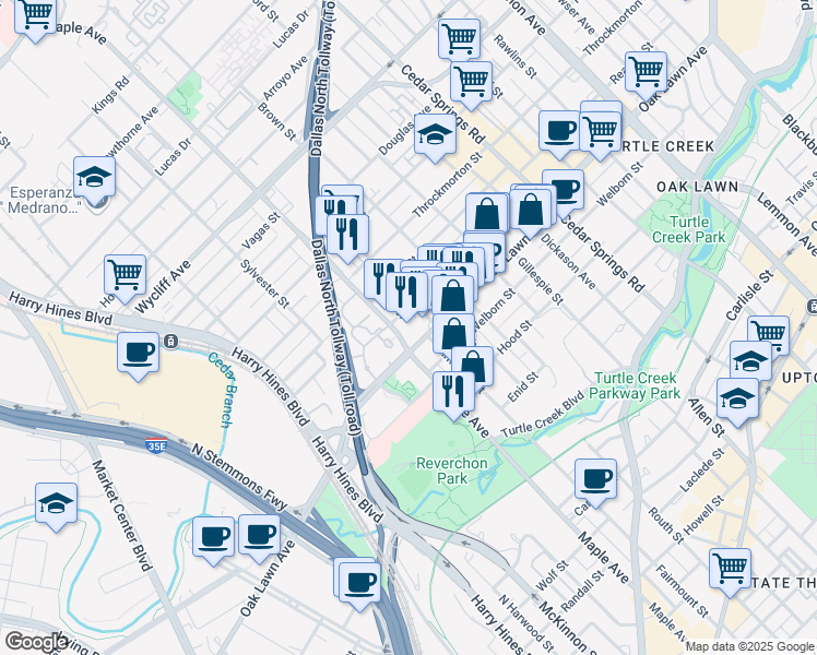 map of restaurants, bars, coffee shops, grocery stores, and more near 2501 Oak Lawn Avenue in Dallas