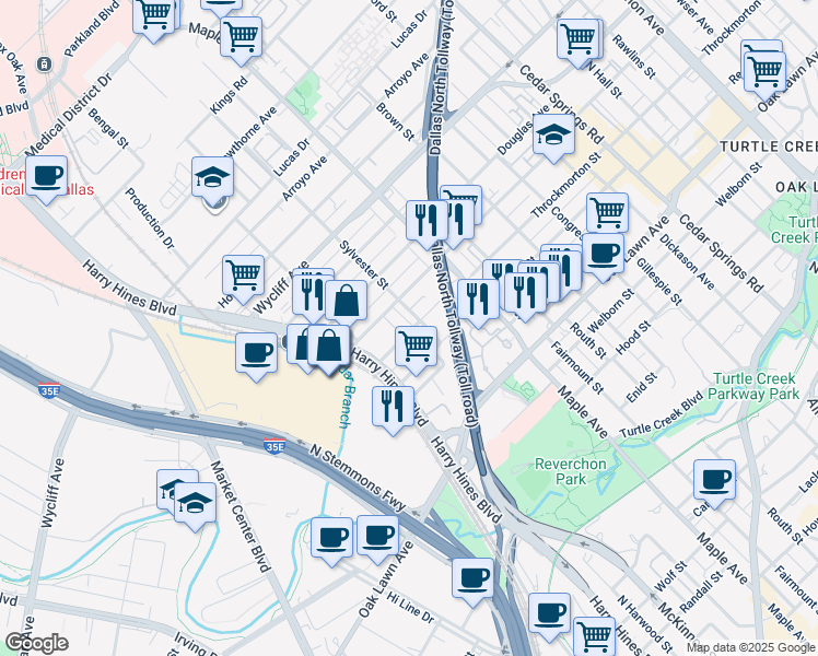 map of restaurants, bars, coffee shops, grocery stores, and more near 4107 Entrada Way in Dallas