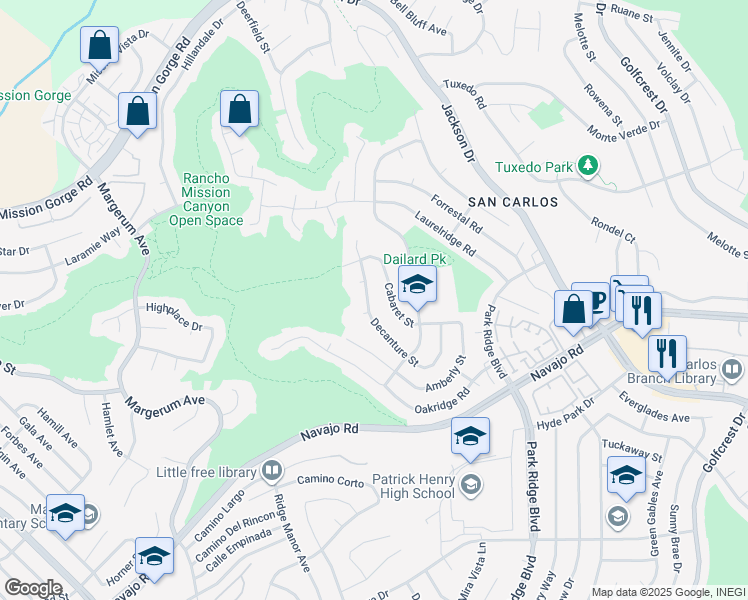 map of restaurants, bars, coffee shops, grocery stores, and more near 6310 Decanture Street in San Diego
