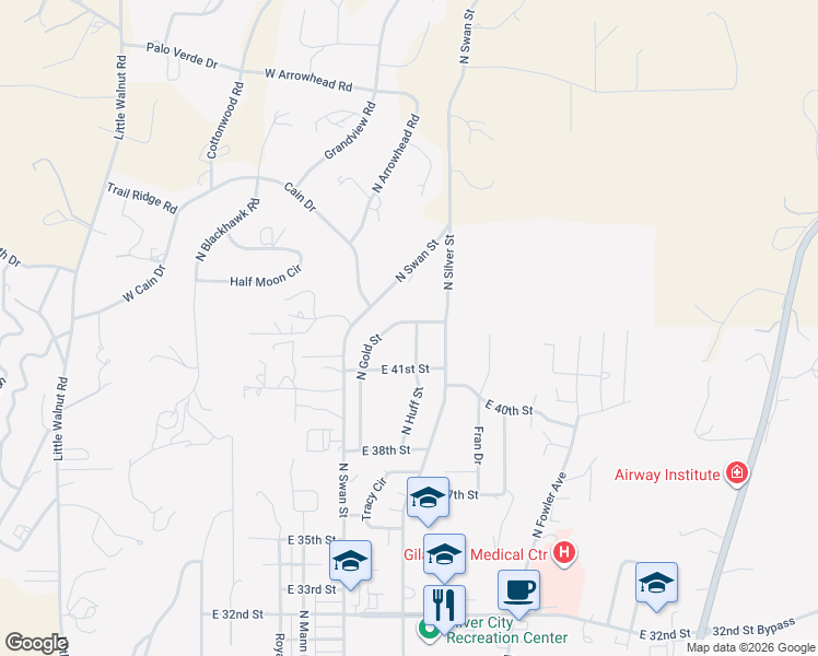 map of restaurants, bars, coffee shops, grocery stores, and more near 4133 North Huff Street in Silver City