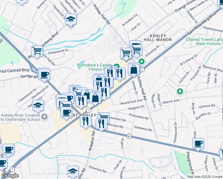 map of restaurants, bars, coffee shops, grocery stores, and more near 1704 Sam Rittenberg Boulevard in Charleston
