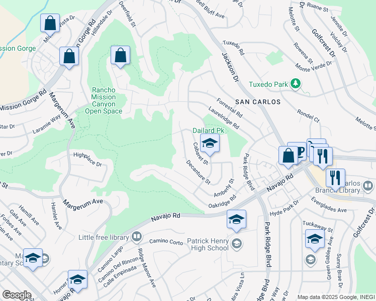 map of restaurants, bars, coffee shops, grocery stores, and more near 6310 Decanture Street in San Diego