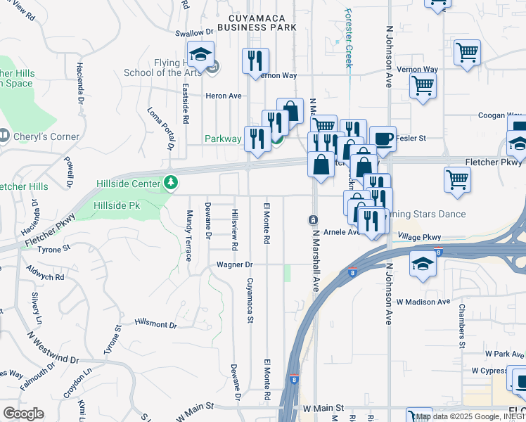 map of restaurants, bars, coffee shops, grocery stores, and more near 744 El Monte Road in El Cajon