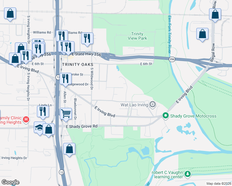 map of restaurants, bars, coffee shops, grocery stores, and more near 820 National Drive in Irving