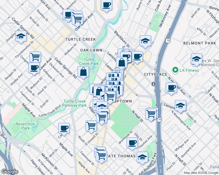 map of restaurants, bars, coffee shops, grocery stores, and more near North Hall Street & Cole Avenue in Dallas
