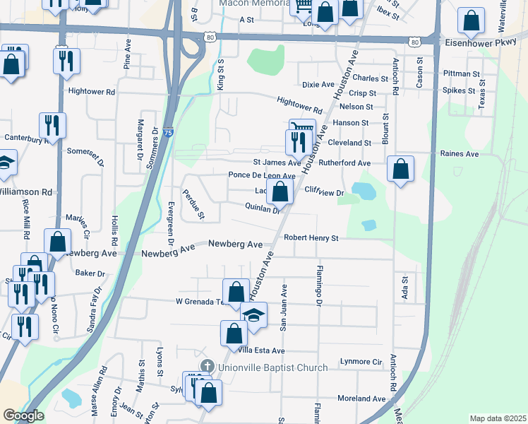 map of restaurants, bars, coffee shops, grocery stores, and more near 770 Quinlan Drive in Macon