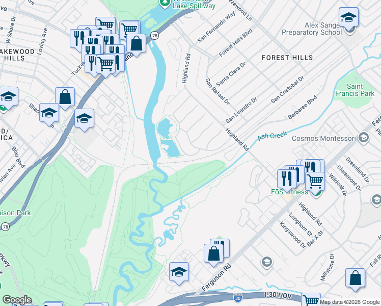 map of restaurants, bars, coffee shops, grocery stores, and more near 1672 Glade Forest Drive in Dallas