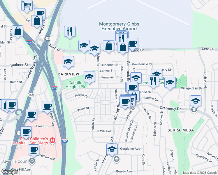 map of restaurants, bars, coffee shops, grocery stores, and more near 8602 Hurlbut Street in San Diego