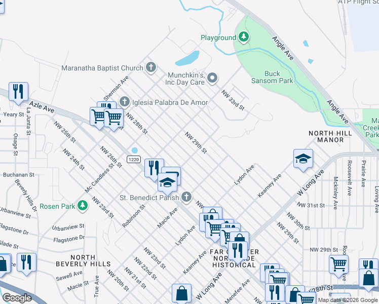 map of restaurants, bars, coffee shops, grocery stores, and more near 3104 West Loraine Street in Fort Worth