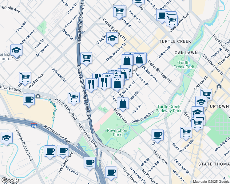 map of restaurants, bars, coffee shops, grocery stores, and more near 2512 Oak Lawn Avenue in Dallas